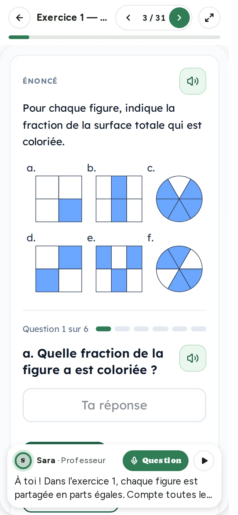 Le même exercice dans la classe virtuelle Sara : une figure à la fois, au format téléphone.